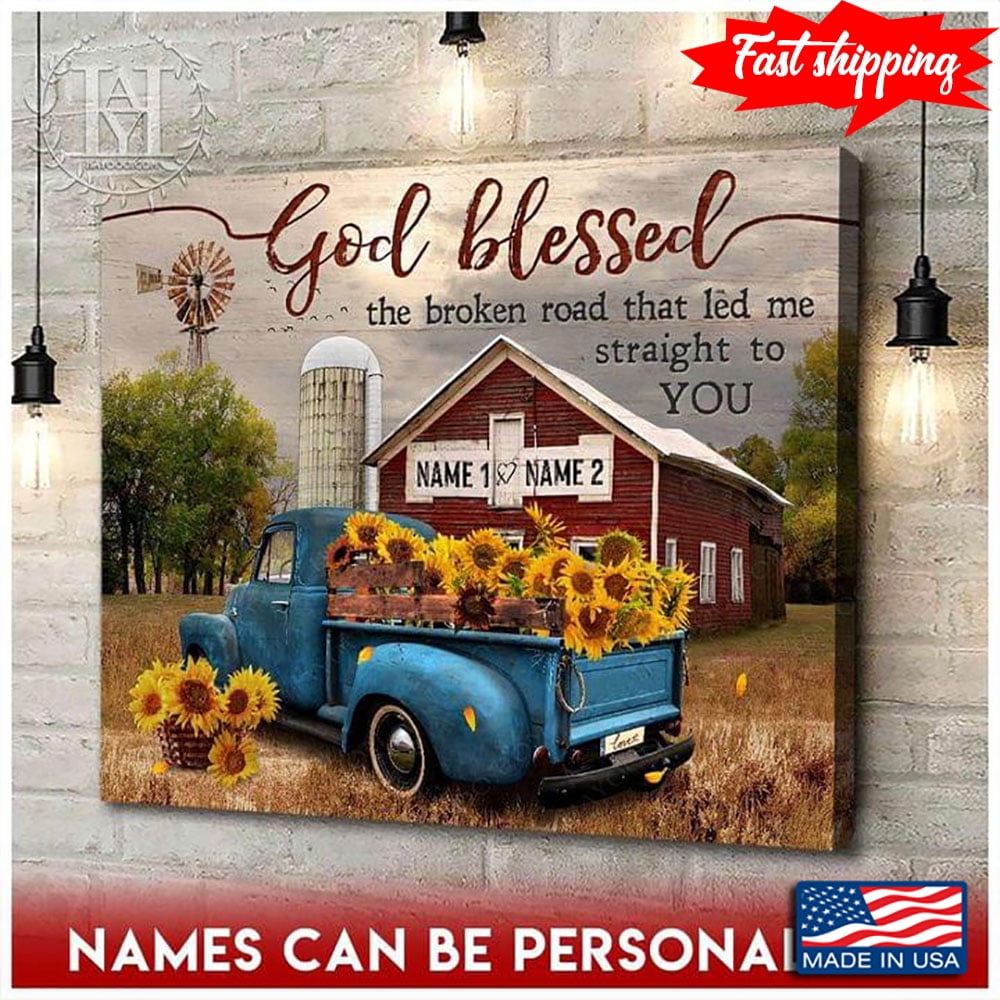 Generic Custom Canvas Prints Wedding God Blessed The Broken Road Barn And Vintage Motorcycle, Family Name Sign For Home Decor, Personalized Canvas, Full Size Customized 12""x18"", Style 08