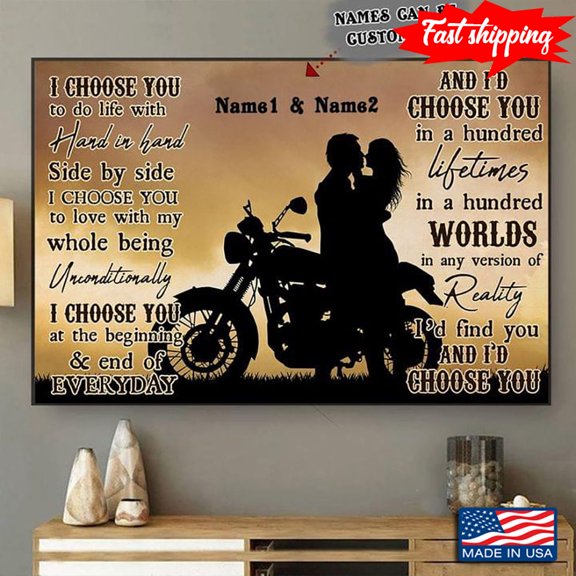 Vintage Customized Name Couple On Motorcycle Silhouette I Choose You To Do Life With Hand In Hand Side By Side 11 x 17 Inch Poster