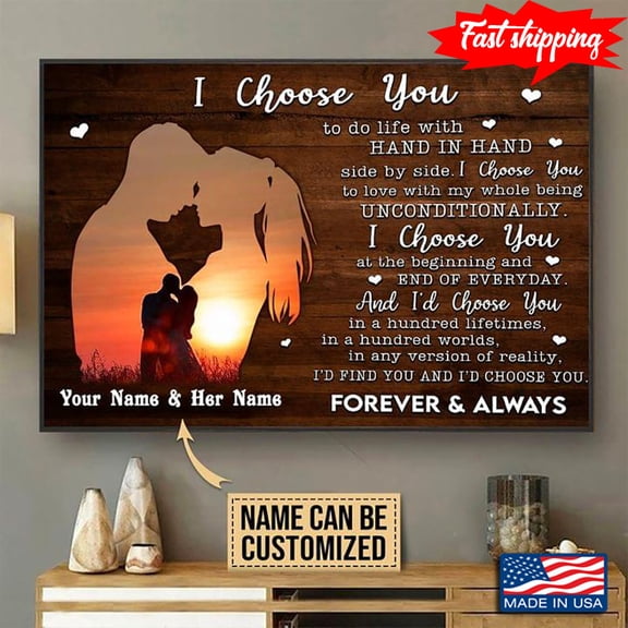 Vintage Customized Name Couple Silhouette I Choose You To Do Life With Hand In Hand Side By Side 11 x 17 Inch Poster