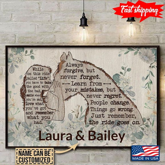 Vintage Customized Name Floral Girl Kissing Horse Silhouette While On This Ride Called “Life” 24 x 36 Inch Poster