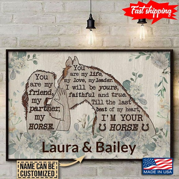 Vintage Customized Name Floral Girl Kissing Horse Silhouette You Are My Friend, My Partner, My Horse 16 x 24 Inch Poster