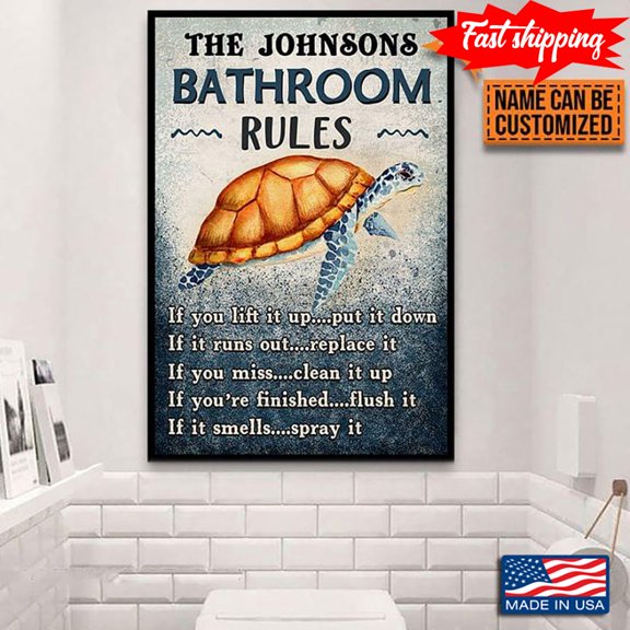 Vintage Customized Name Sea Turtle Bathroom Rules If You Lift It Up Put It Down 24 x 36 Inch Poster