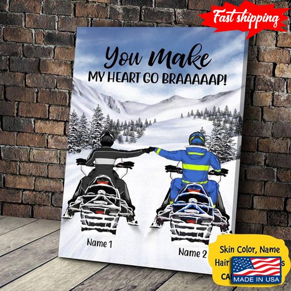 Vintage Customized Name Snowmobiling Couple You Make My Heart Braaaaap! 11 x 17 Inch Poster