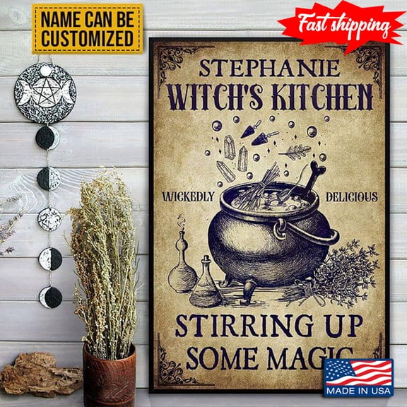Vintage Customized Name Witch’s Kitchen Cauldron Wickedly Delicious Stirring Up Some Magic 11 x 17 Inch Poster