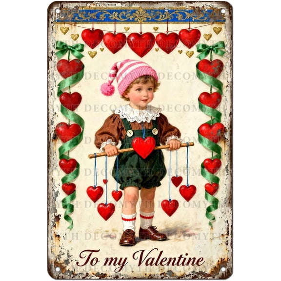 Vintage Cute Boy with Hearts Tin Sign Romantic Valentine Decor for Home Office Bar Man Cave 8x12inch
