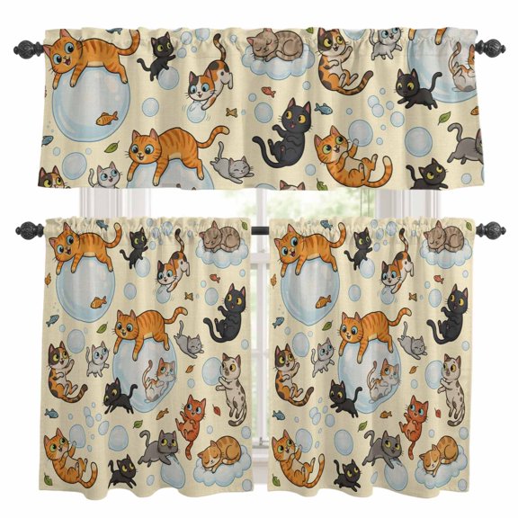 Vintage Cute Cats Kitchen Curtains Valances and Tiers Set of 3 Black Orange Gray Cat Bubbles Fishes Cartoon Beige Tier Curtains and Valance with Rod Pocket for Small Windows, 27.5"x24"