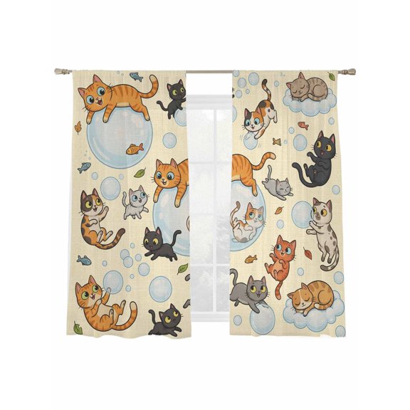 Vintage Cute Cats Sheer Curtains 2 Panels Set Black Orange Gray Cat Bubbles Fishes Cartoon Beige Sheer Window Curtains Light Filtering Rod Pocket Voile Drapes for Bedroom Living Room 52"x63"