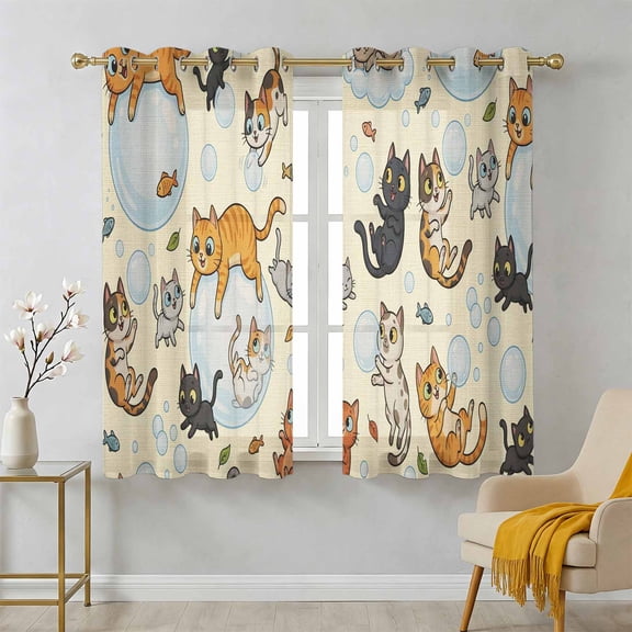 Vintage Cute Cats Sheer Curtains 45 Inch Long 2 Panels, Black Orange Gray Cat Bubbles Fishes Cartoon Beige Light Filtering Semi Sheer Drapes Grommet Voile Window Curtain for Living Bedroom W42 x L45