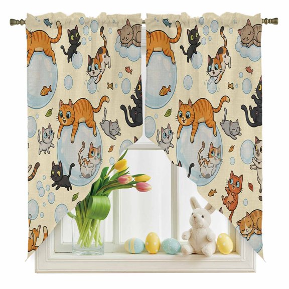 Vintage Cute Cats Swag Kitchen Curtain Valances, Black Orange Gray Cat Bubbles Fishes Cartoon Beige Rod Pocket Curtains Window Treatment Decor Valances for Bedroom Bathroom, 2 Panels 36 x 36 Inch