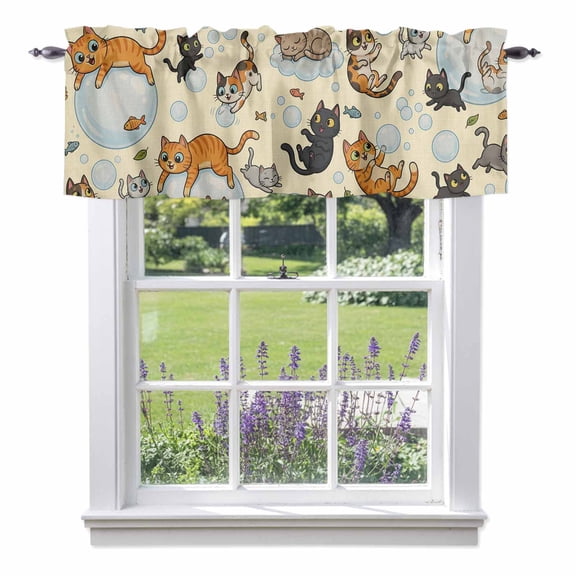 Vintage Cute Cats Valances for Windows Black Orange Gray Cat Bubbles Fishes Cartoon Beige Rod Pocket Cafe Window Treatments Valance Curtains for Kitchen Bathroom Laundry Basement Windows 60"x18"
