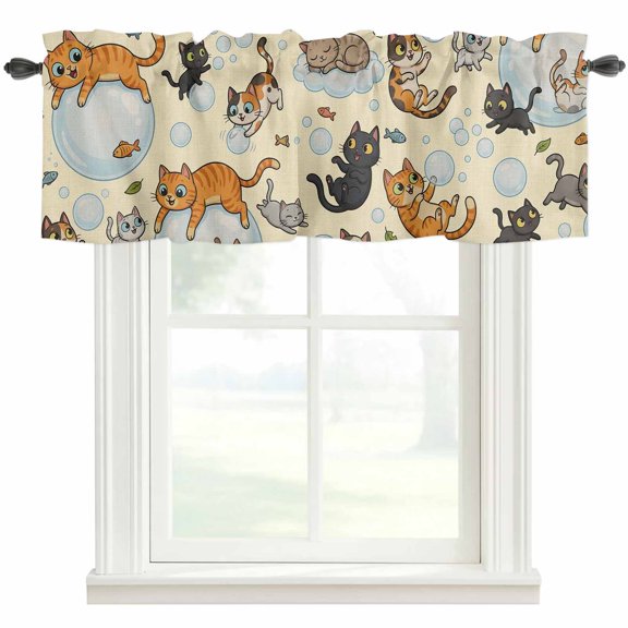 Vintage Cute Cats Valances for Windows Black Orange Gray Cat Bubbles Fishes Cartoon Beige Rod Pocket Curtain Valance Window Treatment Short Curtains for Kitchen Living Room, 42"x12"
