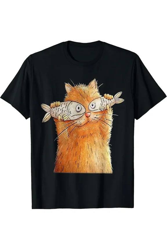 Vintage Cute Funny Cat With 2 Fishes On Eyes Lover Whimsical Men Women T-Shirt