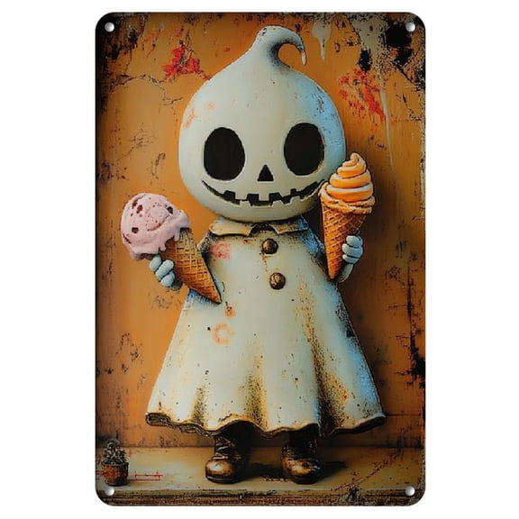 Vintage Cute Ghost with Pumpkin Painted metal signage - 8x12 "| perfect for Halloween decorations, indoor/ outdoor wall art in homes, bars, cafes, garages and libraries | Durable iron material