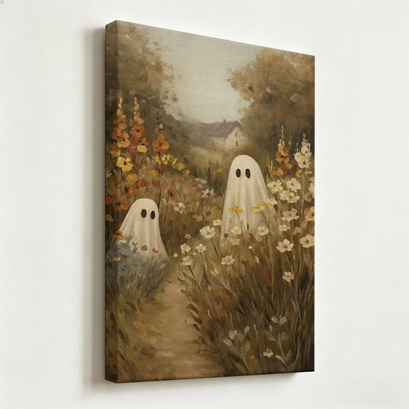 Vintage Cute Ghosts Meadow Canvas Wall Art - Impressionist Halloween Floral Field Painting Print - Matte Finish Gallery Wrapped Spooky Cottagecore Decor Ready to Hang 12*16