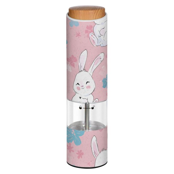 Vintage Cute Hand Drawn Rabbit Pattern Printed Electric Pepper Mill One-Touch Battery Operated Salt Grinder Adjustable Coarseness Decorative Counter Spice Tool