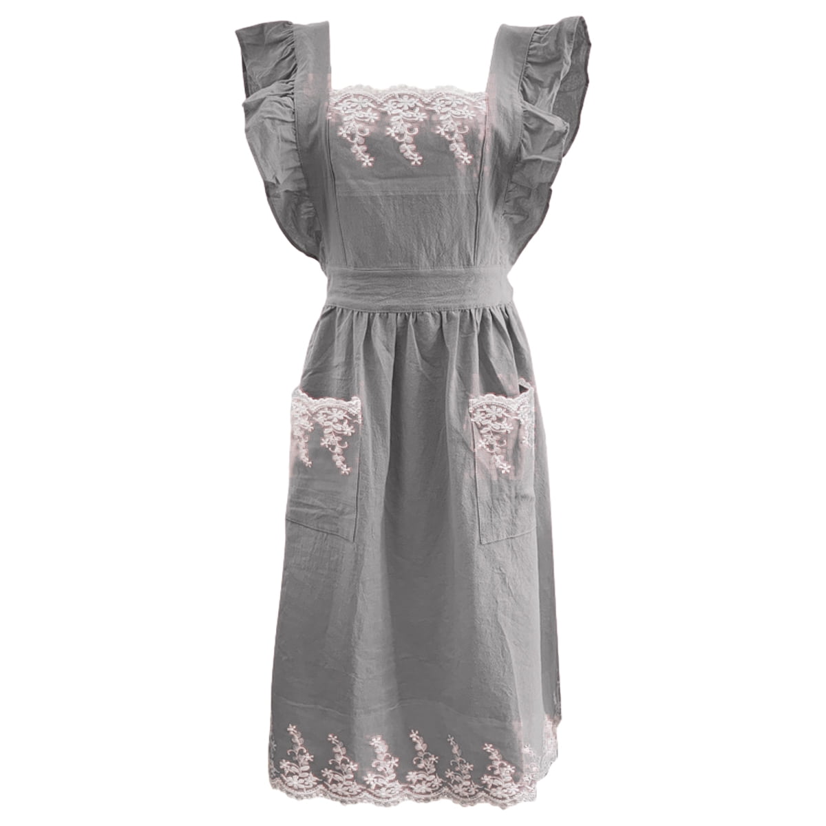 Vintage Cute Maid Ruffle Apron For Women Girls Apron Pinafore With Two Pockets, Kitchen Gift - grey