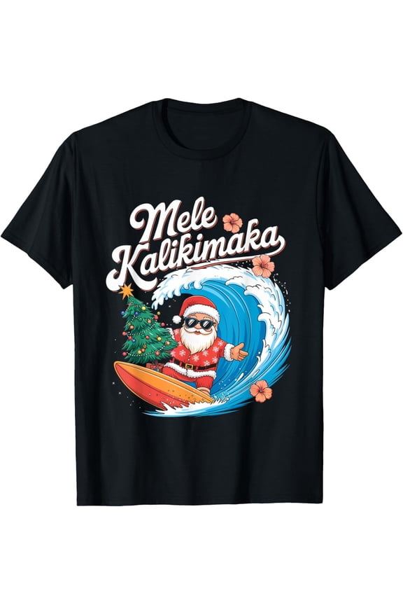 Vintage Cute Mele Kalikimaka Christmas Santa Surfing Costume T-Shirt
