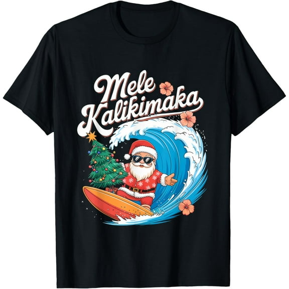 Vintage Cute Mele Kalikimaka Christmas Santa Surfing Costume T-Shirt