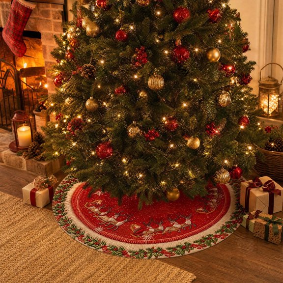 Vintage Cute Style Round Christmas Tree Skirt Decorations, 35.4" Dia Rustic Classic Print Soft Wrinkle Resistant Non-slip Fabric Xmas Tree Base Cover Mat for Xmas Home Party Mantel Room Decor