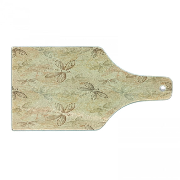 Vintage Cutting Board, Birds and Dragonflies with Modern Doodle Style Animal Inspired Design, Tempered Glass Cutting and Serving Board, Wine Bottle Shape, Pale Yellow and Orange, by Ambesonne