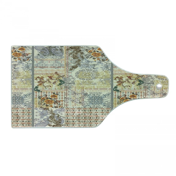 Vintage Cutting Board, Ethnic Pastel Colored Pattern with Florish Details, Decorative Tempered Glass Cutting and Serving Board, in 3 Sizes, by Ambesonne