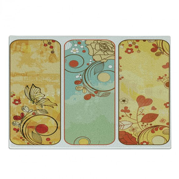 Vintage Cutting Board, Frames with Floral Details Butterfly and Heart Shapes Leaf Retro Romantic Art, Decorative Tempered Glass Cutting and Serving Board, Small Size, Multicolor, by Ambesonne
