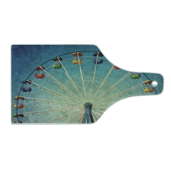 Vintage Cutting Board, Giant Vertical Revolving Ferris Wheel Activity up Antique Entertainment Old Days Picture, Tempered Glass Cutting and Serving Board, Wine Bottle Shape, Blue, by Ambesonne