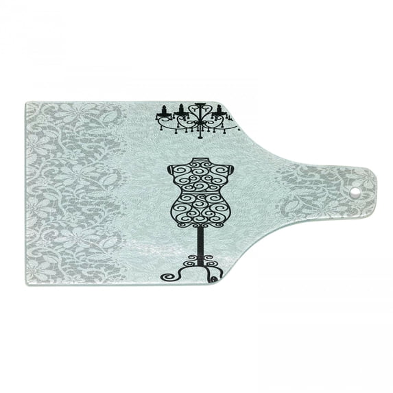 Vintage Cutting Board, Greyscale Curlicue Damask Nostalgic Bust and Chandelier Illustration, Tempered Glass Cutting and Serving Board, Wine Bottle Shape, Charcoal Grey and White, by Ambesonne