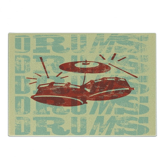 Vintage Cutting Board, Groovy Retro Drumming Poster Design Percussion Rock Music Instrument Play Vibe Hit, Decorative Tempered Glass Cutting and Serving Board, Small Size, Red Yellow, by Ambesonne