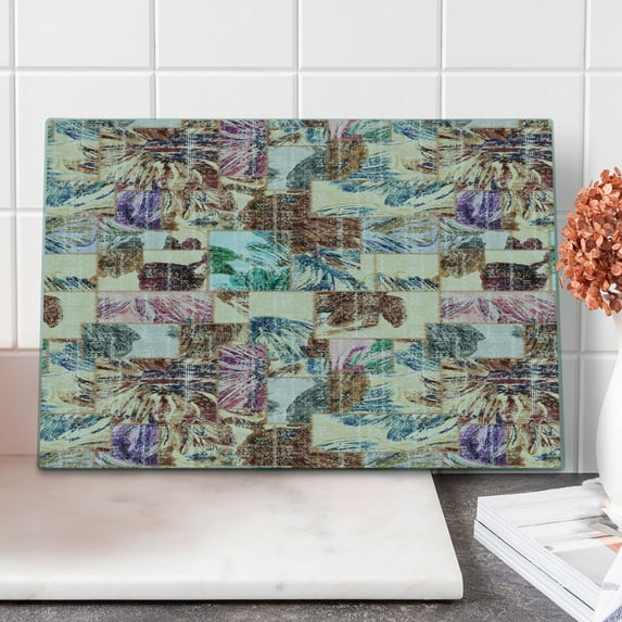 Vintage Cutting Board, Grunge Style Pattern with Artful Flowers in Squares, Decorative Tempered Glass Cutting and Serving Board, in 3 Sizes, by Ambesonne