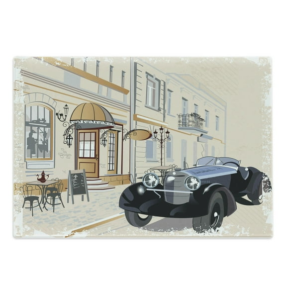 Vintage Cutting Board, Hand Drawn Retro Car Parked in Front of a Nostalgic Cafe Retro Illustration, Decorative Tempered Glass Cutting and Serving Board, Large Size, Multicolor, by Ambesonne