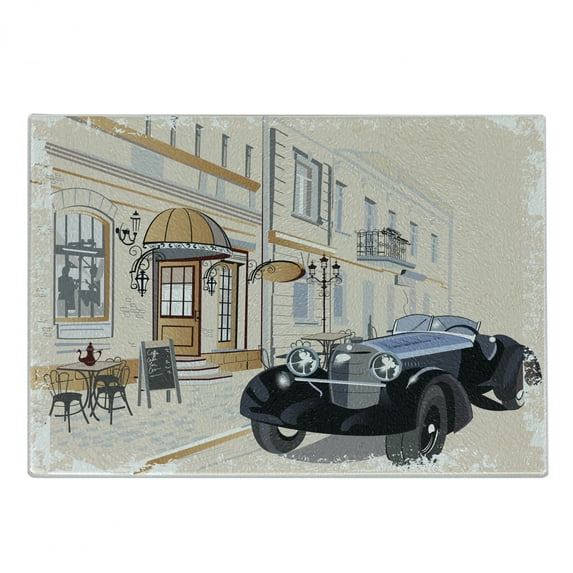Vintage Cutting Board, Hand Drawn Retro Car Parked in Front of a Nostalgic Cafe Retro Illustration, Decorative Tempered Glass Cutting and Serving Board, Small Size, Multicolor, by Ambesonne