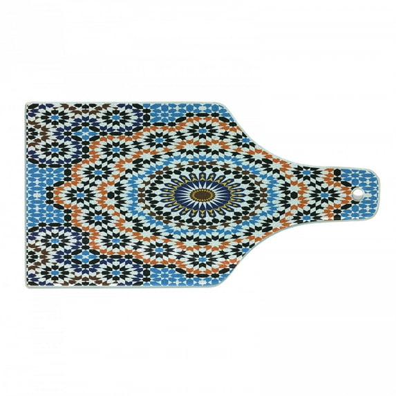 Vintage Cutting Board, Moroccan Ceramic Tile Inspired Floral Old Fashioned Cultural Mosaic Print, Decorative Tempered Glass Cutting and Serving Board, Wine Bottle Shape, Multicolor, by Ambesonne