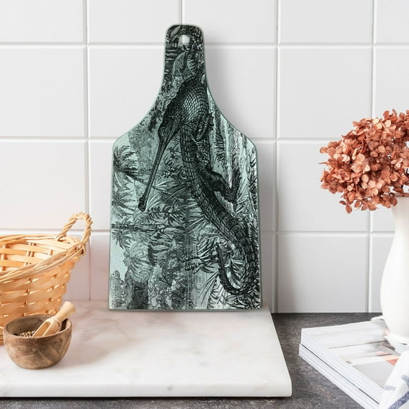 Vintage Cutting Board, Old Fashion Sketch of a Crocodile in Forest Wildlife Nature Woods Fossil Picture, Tempered Glass Cutting and Serving Board, Wine Bottle Shape, Charcoal Grey, by Ambesonne