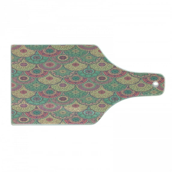 Vintage Cutting Board, Oriental Colorful Circular Shapes Traditional Classic Design Graphic Royal Theme, Tempered Glass Cutting and Serving Board, Wine Bottle Shape, Green Pink, by Ambesonne