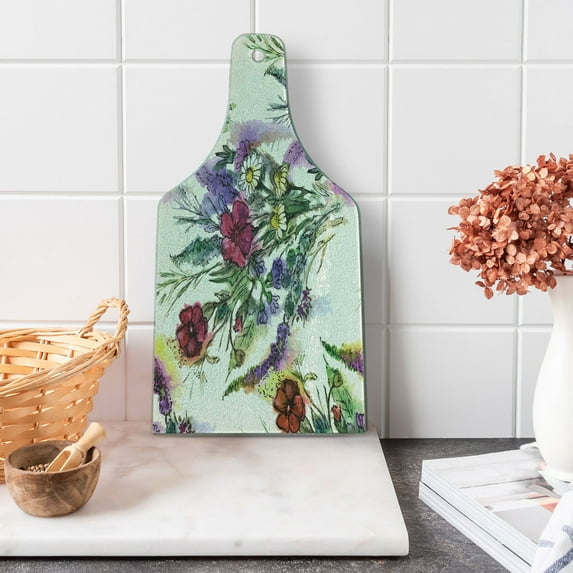 Vintage Cutting Board, Pattern of Watercolor Effect Colorful Spring Floral Bouquet, Decorative Tempered Glass Cutting and Serving Board, in 3 Sizes, by Ambesonne