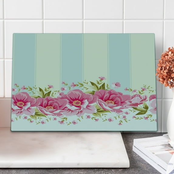 Vintage Cutting Board, Pink Peony Border on Vertical Striped Tile Bridal Wedding Design, Decorative Tempered Glass Cutting and Serving Board, Large Size, Pale Pink Pale Blue, by Ambesonne