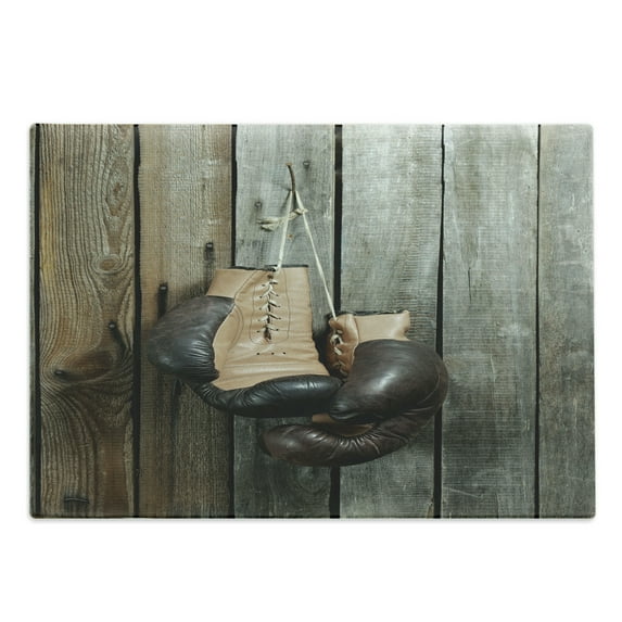 Vintage Cutting Board, Vintage Boxing Gloves on the Old Wooden Background Antique Equipment Photo Art Print, Decorative Tempered Glass Cutting and Serving Board, Large Size, Brown, by Ambesonne