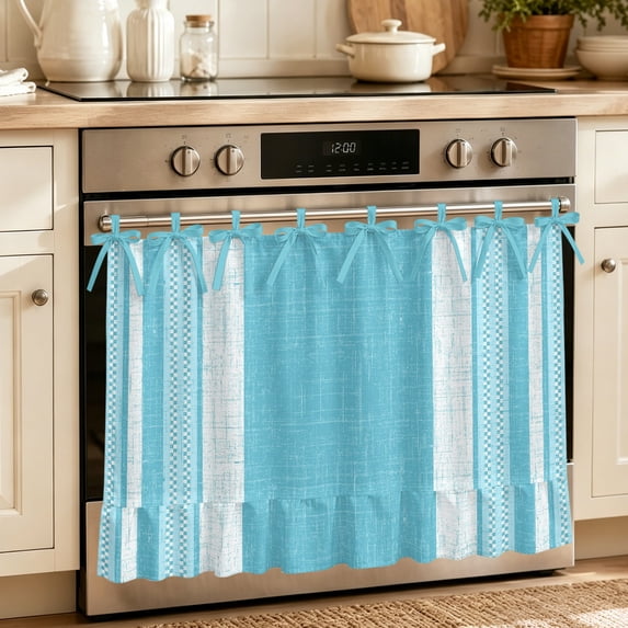 Vintage Cyan Blue Striped Oven Skirt for Farmhouse Kitchen Décor, Farmhouse Modern Stripes Boho Oven Curtain Tie Top Decorative Stove Skirt, Cabinet Dish Washer Curtains with 8 Ribbon Ties 27"x20"