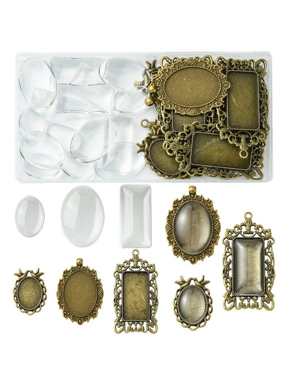 Vintage DIY Blank Pendant Making Kit Including Tibetan style Alloy Pendant Cabochon Bezel Settings Glass Cabochons Rectangle & Oval Antique Bronze 30pcs/box