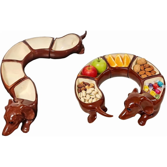 Vintage Five-Piece Dachshund Serving Dish – Fun Divided Tray with 5 Compartments, Snack Storage Trays for Home Kitchen, Retro Ceramic Dog-Shaped Platter for Parties, Dining & Tabletop Decor P