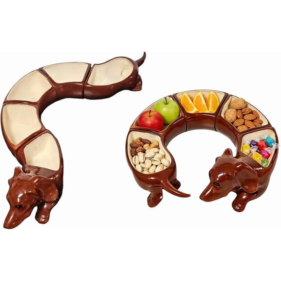 Vintage Five-Piece Dachshund Serving Dish Fun Divided Tray with 5 Compartments, Snack Storage Trays for Home Kitchen, Retro Ceramic Dog-Shaped Platter for Parties, Dining & Tabletop Decor P