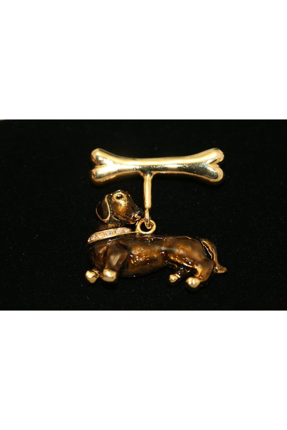 Vintage Dachshund Dog Enamel Pin Bone Wiener Rhinestone