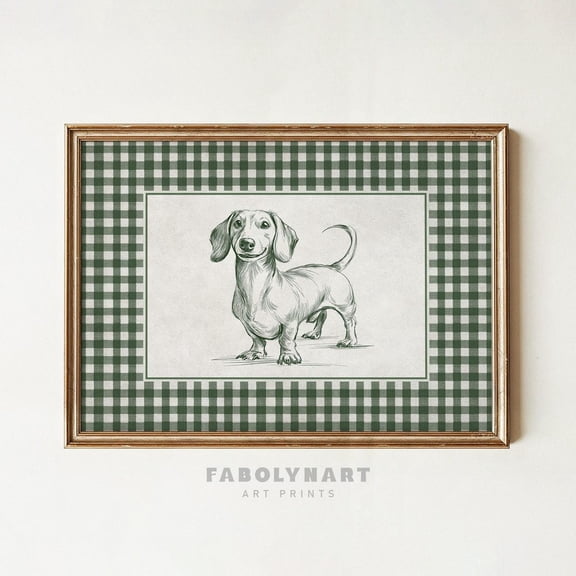 Vintage Dachshund Green Gingham Short Haired Doxie Sketch Painting Boho Minimalist Nursery Poster Unframed Paper Print