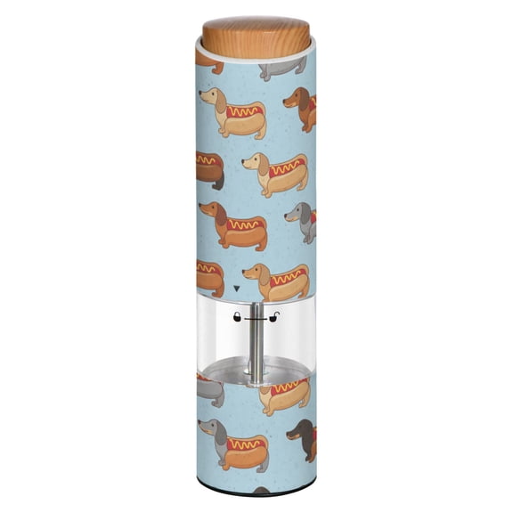 Vintage Dachshund Sausage Dog Printed Electric Pepper Mill One-Touch Battery Operated Salt Grinder Adjustable Coarseness Decorative Counter Spice Tool
