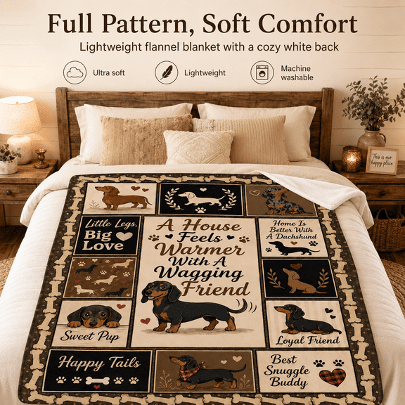 Vintage Dachshund Throw Blanket, Soft Flannel Lightweight Wiener Dog Blanket with Cozy White Back, Patchwork Dog Lover Design for Sofa Bed Home Decor, 50 x 60 in