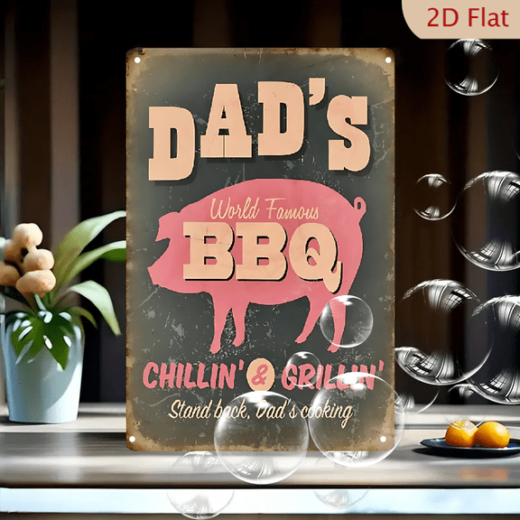 Vintage Dad's World Famous BBQ Metal Sign 8x12 Inches, Chillin' & Grillin' Rustic Wall Art for Kitchen Garage Backyard Grill Party Decor