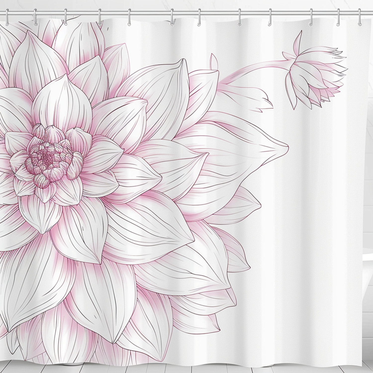 Vintage Dahlia Flower Sketch Shower Curtain Pink and Gray Bathroom ...