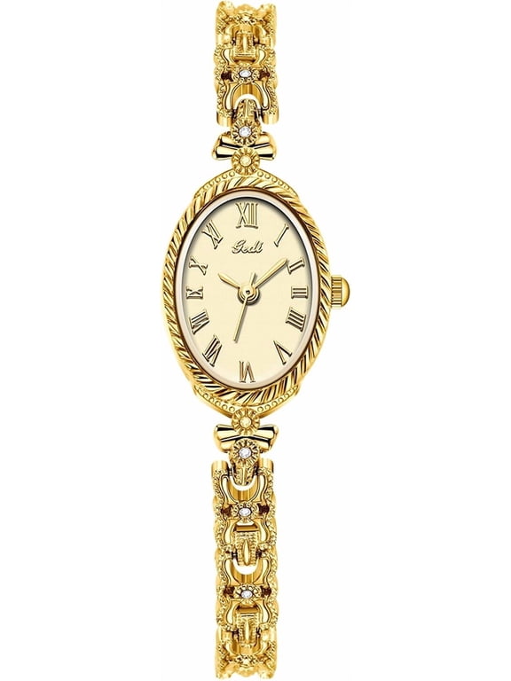 Vintage Dainty Women Wrist Watch, Small Oval Roman Numeral Analog Dial, Slim Bracelet Strap, Water Resistant Elegant Dress Timepiece, Ideal Gift for Ladies