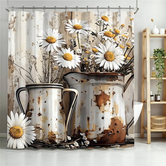 Vintage Daisies in Old Metal Shower Curtain for Bathroom, Water Resistant Long Shower Curtain Set with Metal Grommets and Plastic Hooks-36"W x 72"L (Pack of 1)